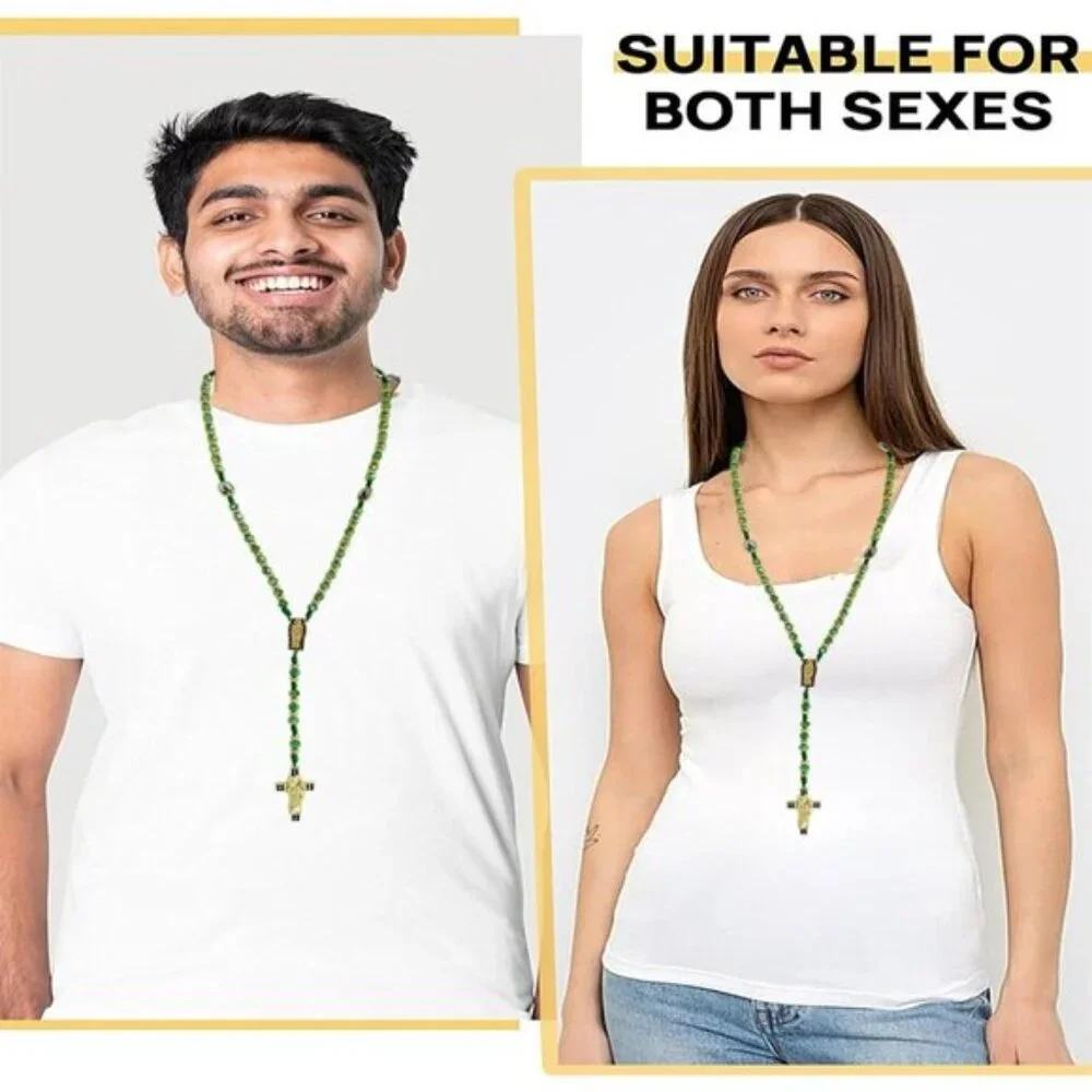 Exquisite Rosary Saint Jude Cross Pendant Mexican Necklace - Braided Cord Green